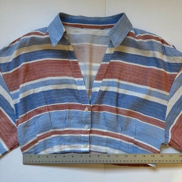 Zara Blouse Striped Linen Blend Button Up Cropped Short Sleeve Collared Sz S - Picture 4 of 14